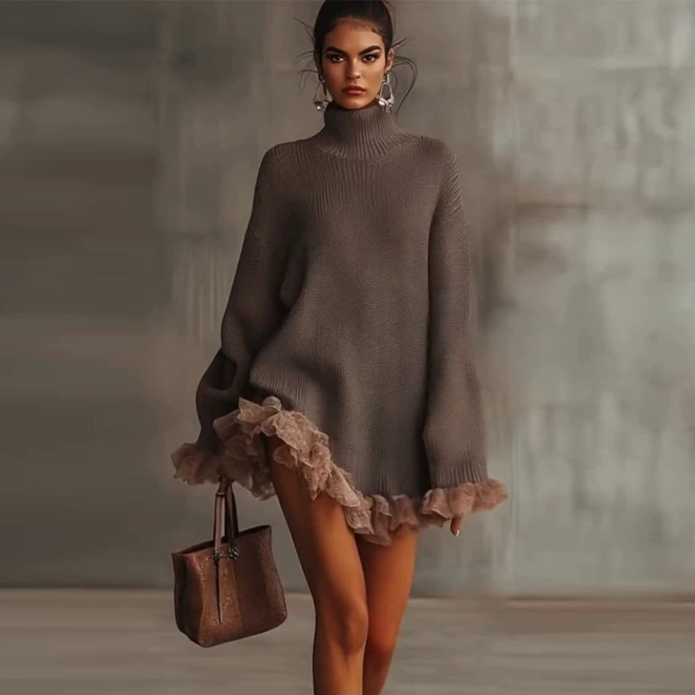 Zara Fall Knit High Neck Ruffle Hem Long Sleeve Gray Sweater